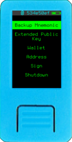 M5StickV home menu showing Extended Public Key wrapping to 2 lines